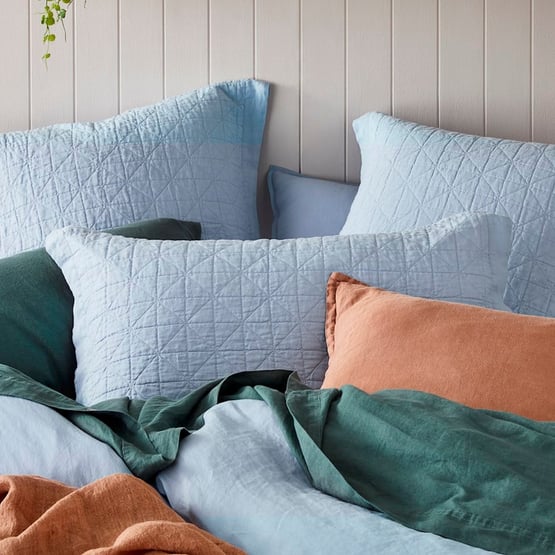 Vintage Washed Linen Dusty Blue Quilted Coverlet Separates