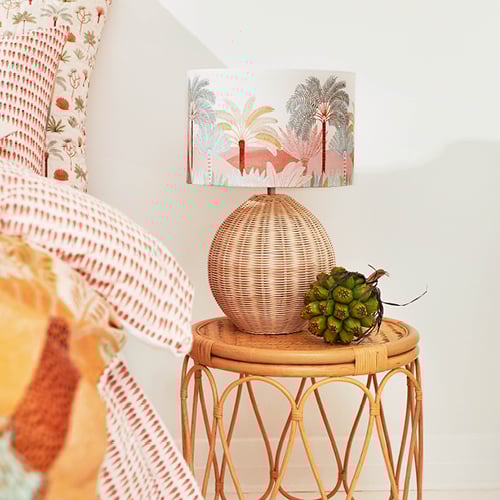 Bahama Rattan Honey Loop Side Table with Karina Jambrak x Adairs Lamp on top.