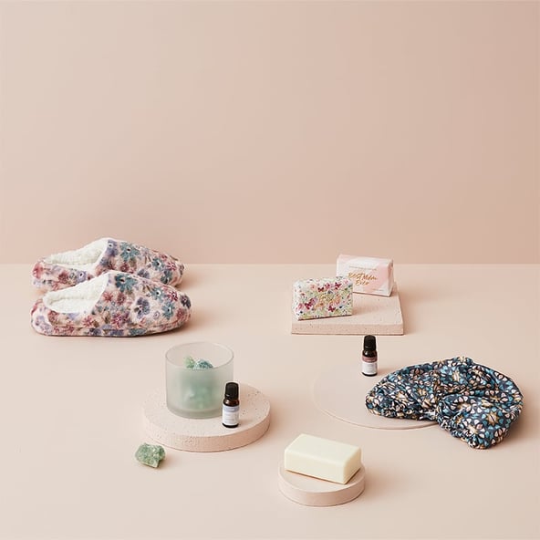 mothers day set with floral slippers, essential oils and soap