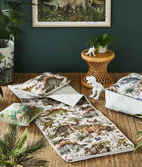 Fleur Harris Prehistorcia Sleeping bag and matching accessories.