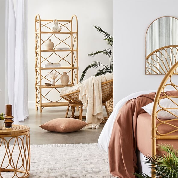 Bedroom styled with Bahama Rattan Furniture Range and Bamboo Linen for summer. 