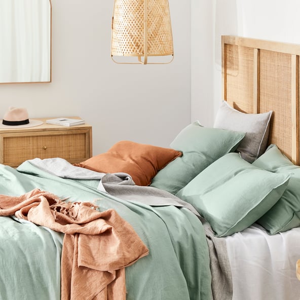 Discover our seasonal Washed Linen layered the the colours Eucalyptus and Grey Marle.