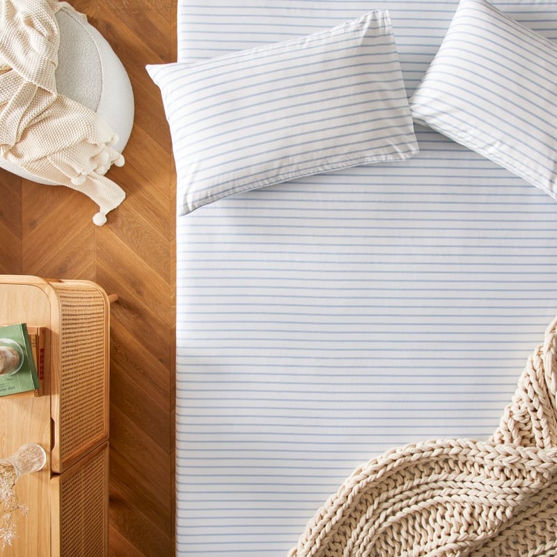 Flannelette Printed Steel Blue Ticking Stripe Pillowcase