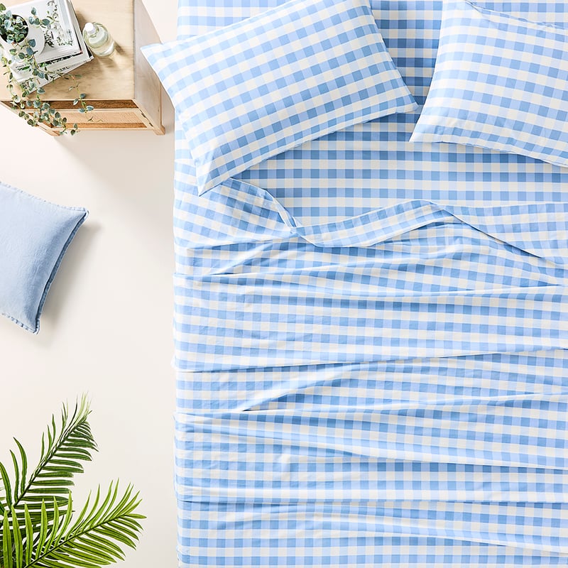 Printed Sky Blue Gingham Sheet Set