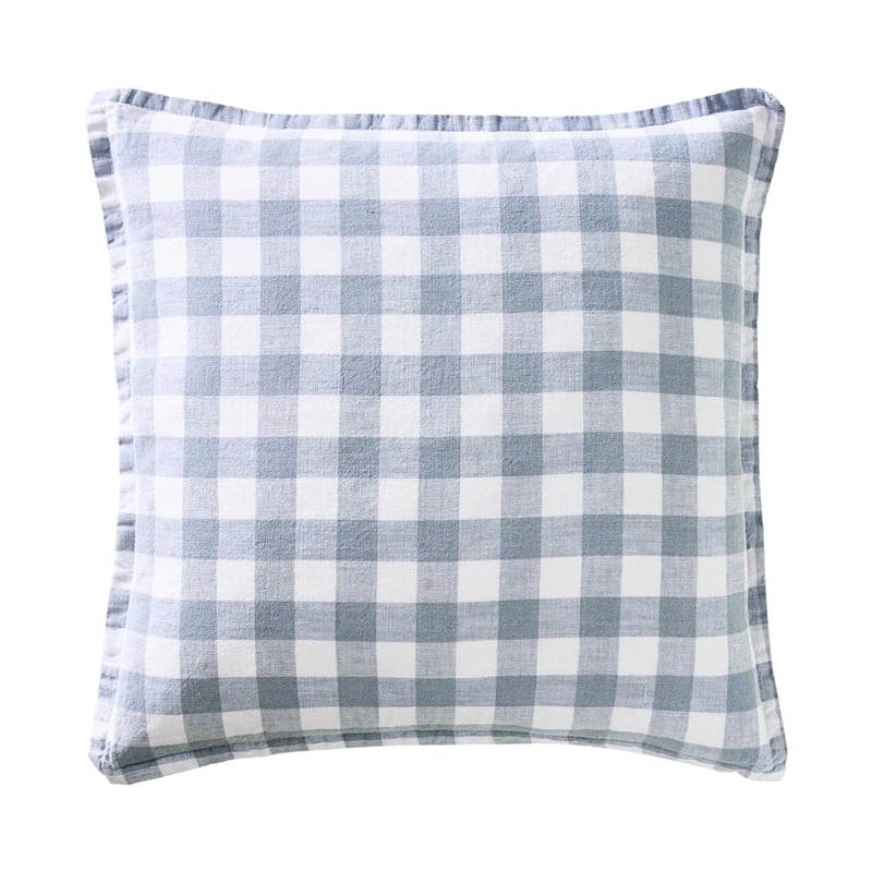 Belgian Light Denim & White Check Vintage Washed Linen Cushion