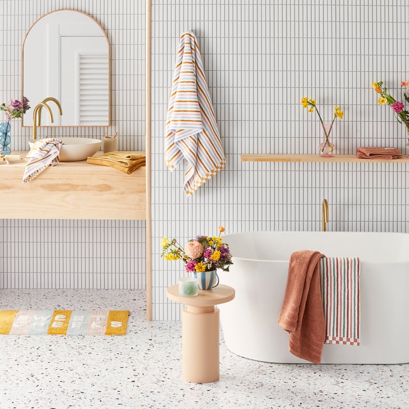 Sweet Cheeks Mustard Multi Stripe Bath Mat