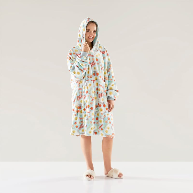 Teddy Aqua Multi Bacon and Eggs Hooded Blanket