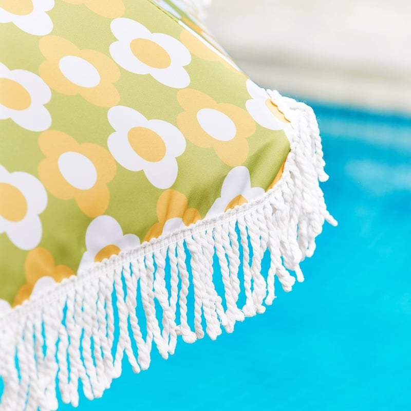 Retro Grid Daisy Green Beach Umbrella