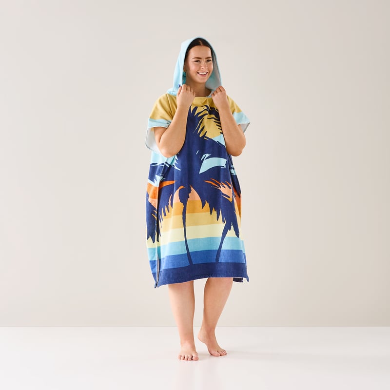 Velour  Sunset Palm Blue Hooded Beach Towel