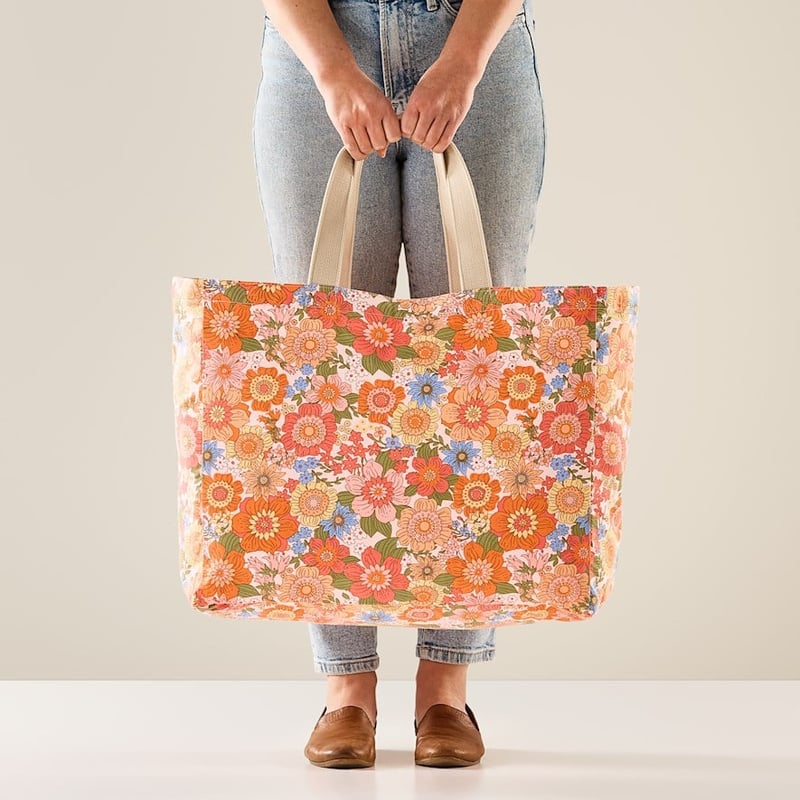 Retro Floral Pink Canvas Beach Bag