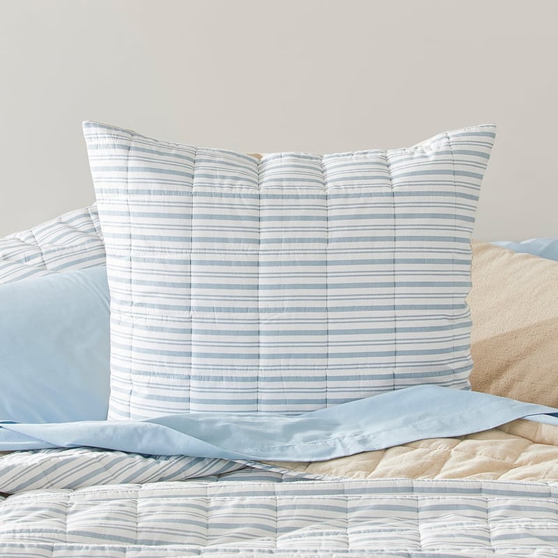 Olsen Printed Natural & Blue Stripe Linen Cotton Coverlet