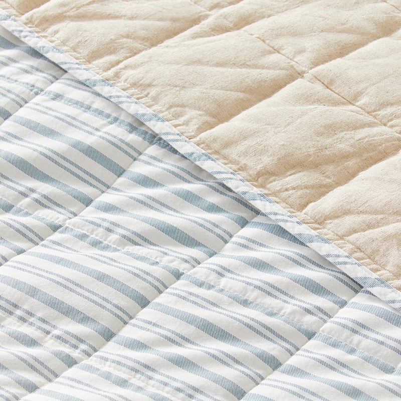 Olsen Printed Natural & Blue Stripe Linen Cotton Coverlet