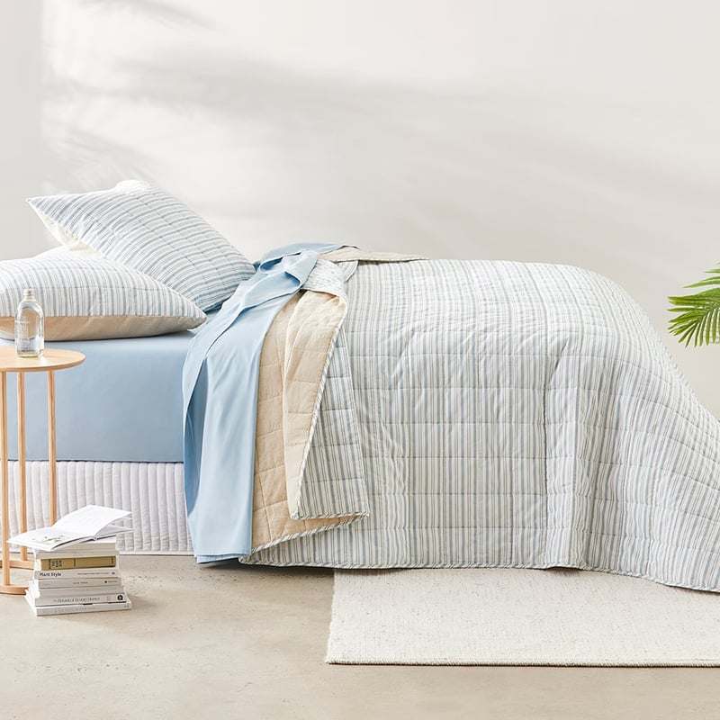 Olsen Printed Natural & Blue Stripe Linen Cotton Coverlet