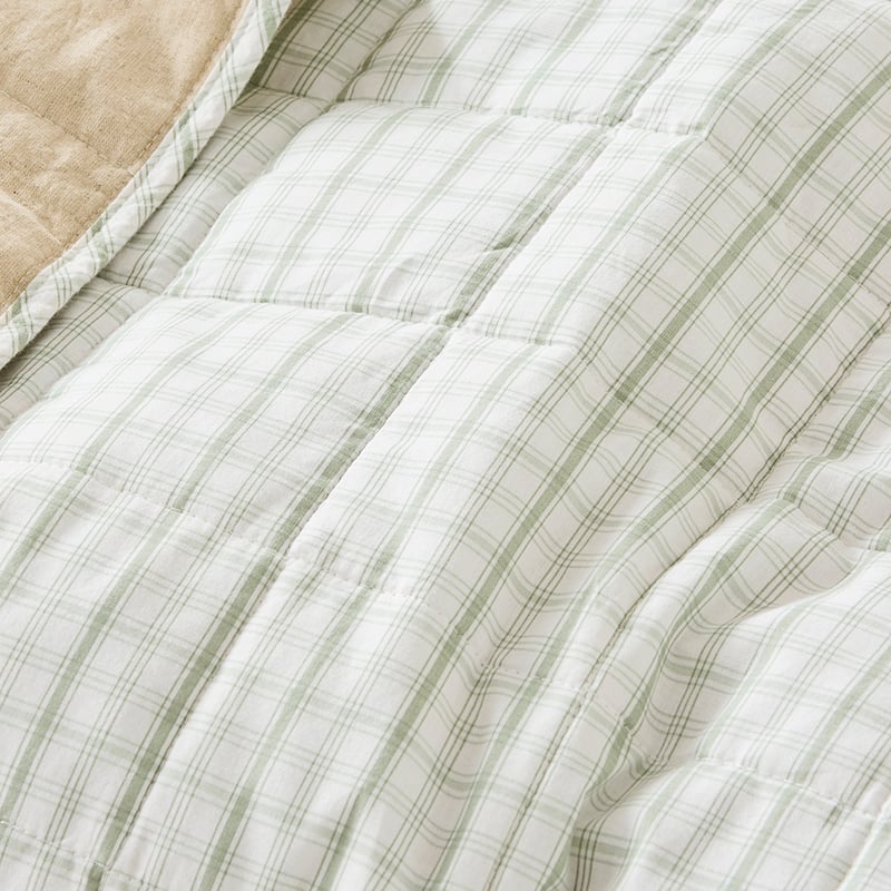 Olsen Printed Natural & Eucalyptus Check Linen Cotton Coverlet