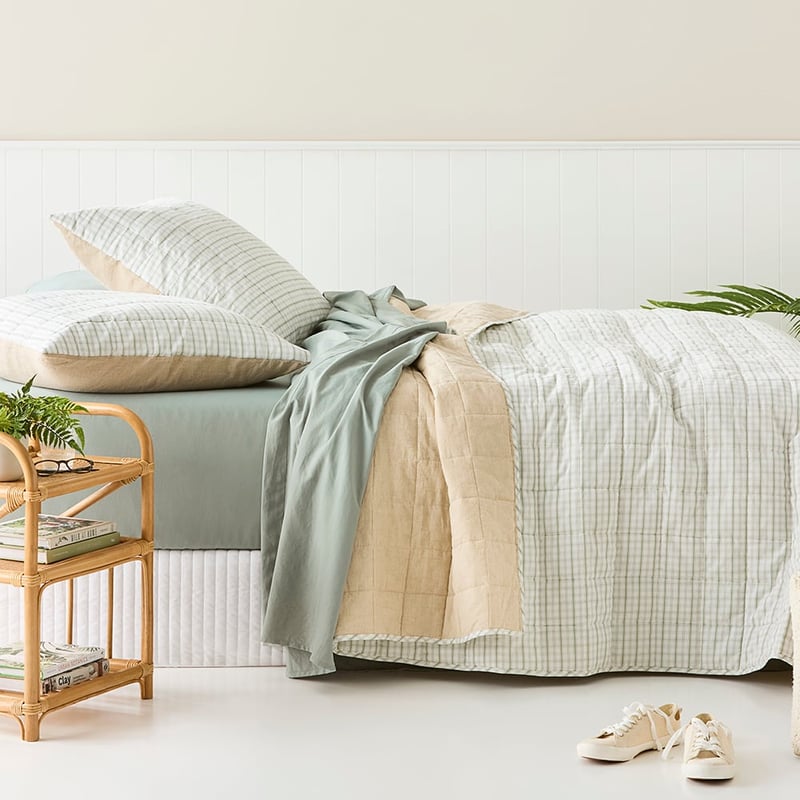 Olsen Printed Natural & Eucalyptus Check Linen Cotton Coverlet