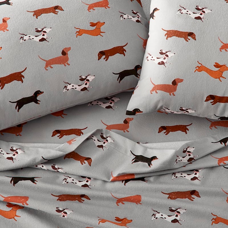 Printed Silver Dachshund Flannelette Sheet Set