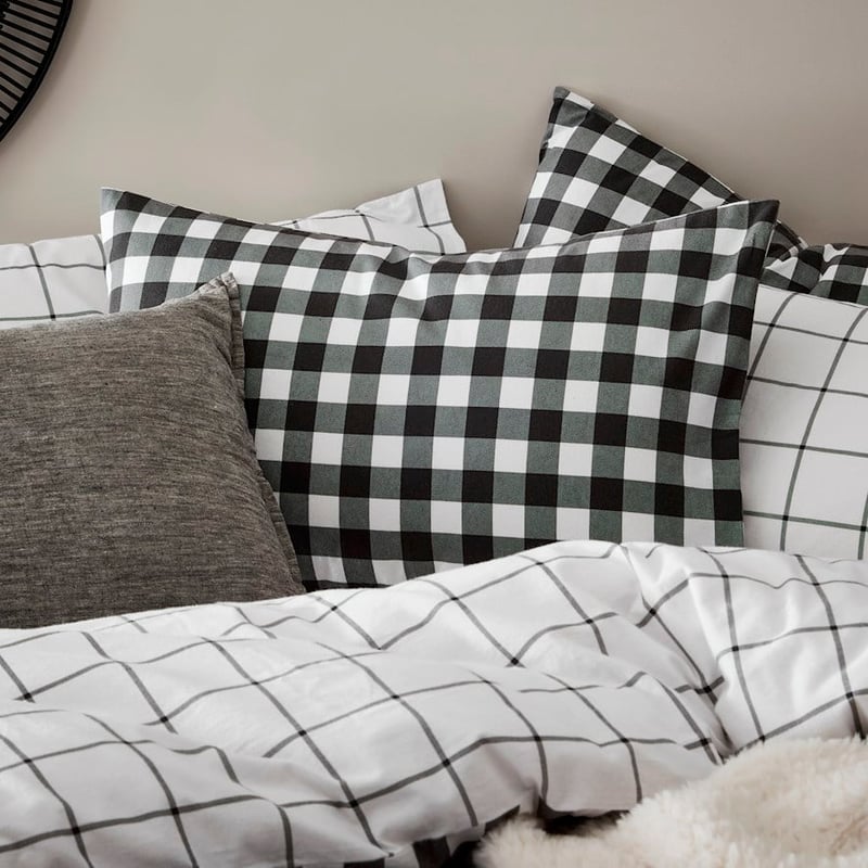 Printed Gingham Charcoal Flannelette Quilt Cover Set + Separates