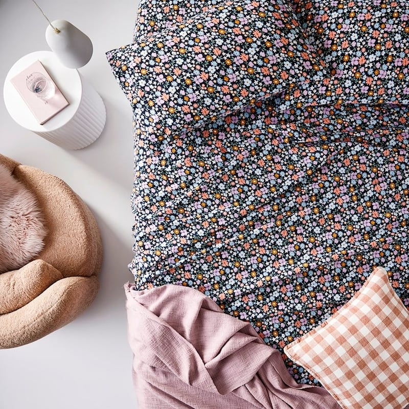 Printed Wild Bloom Navy Flannelette Sheet Set