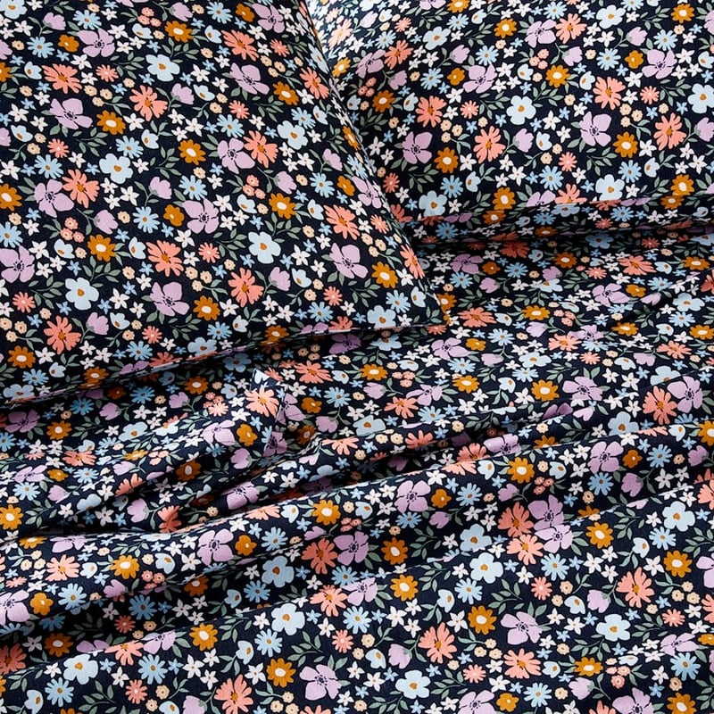 Printed Wild Bloom Navy Flannelette Sheet Set