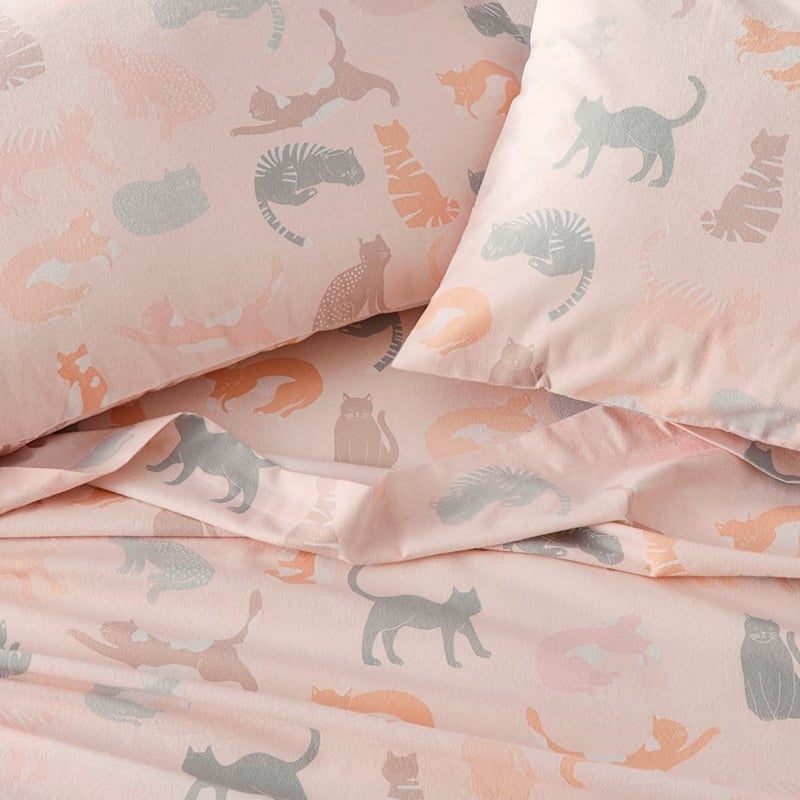 Printed Pink Cat Flannelette Sheet Set