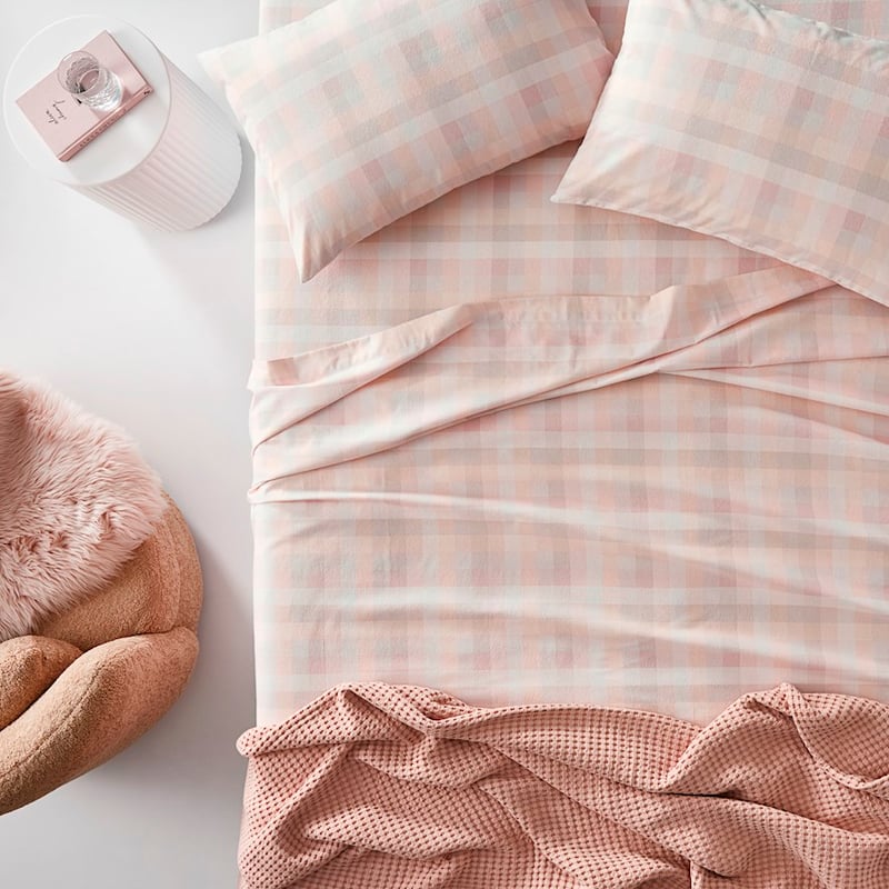 Printed Pink Dusty Check Flannelette Sheet Set