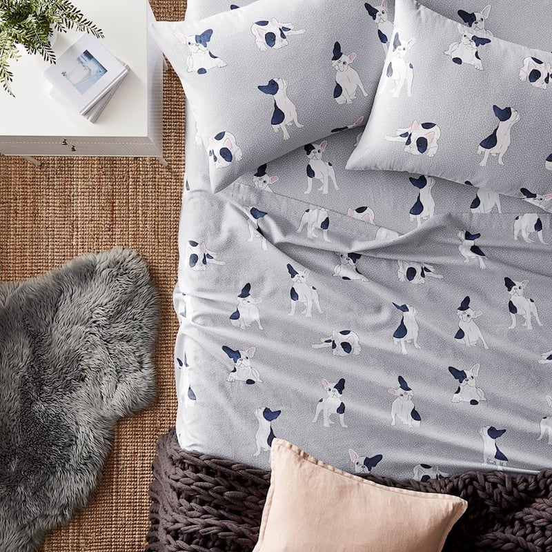 Printed Flannelette Grey Frenchie Sheet Set