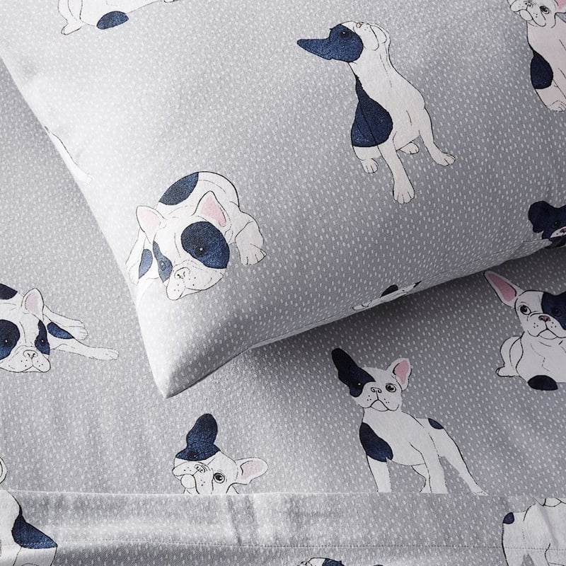 Printed Flannelette Grey Frenchie Sheet Set