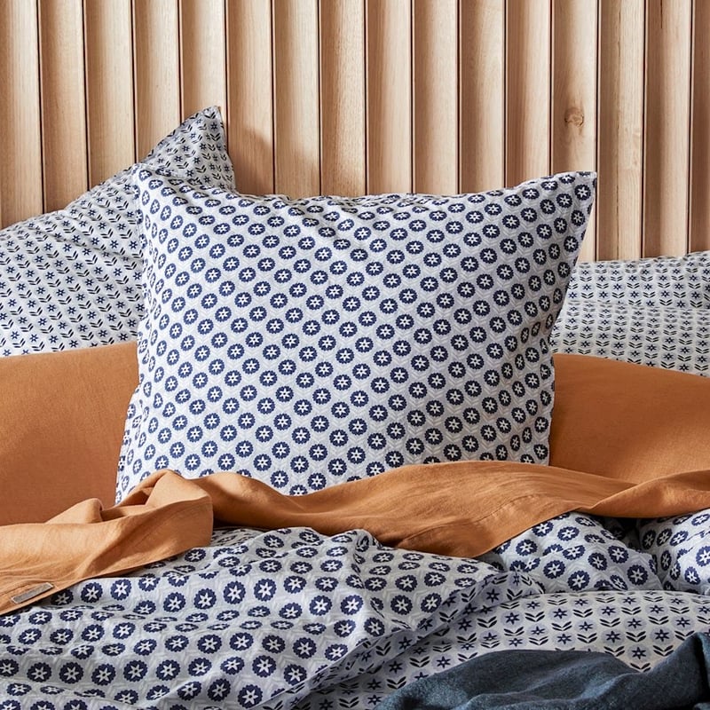 Stonewashed Cotton Sea Blue Floral Pillowcase