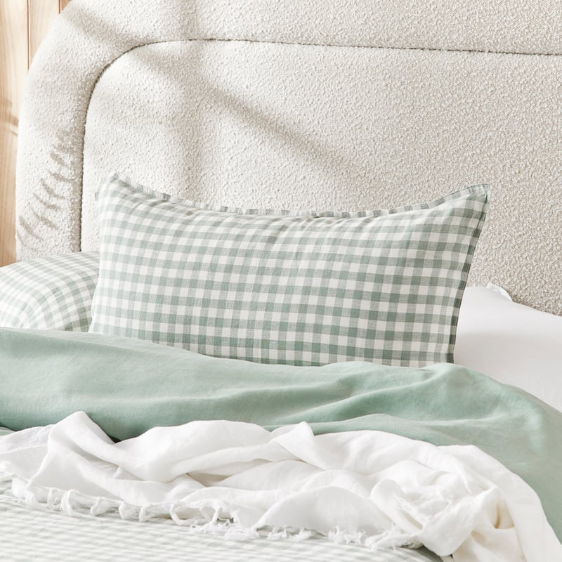 Vintage Washed Linen Eucalyptus Check Pillowcases