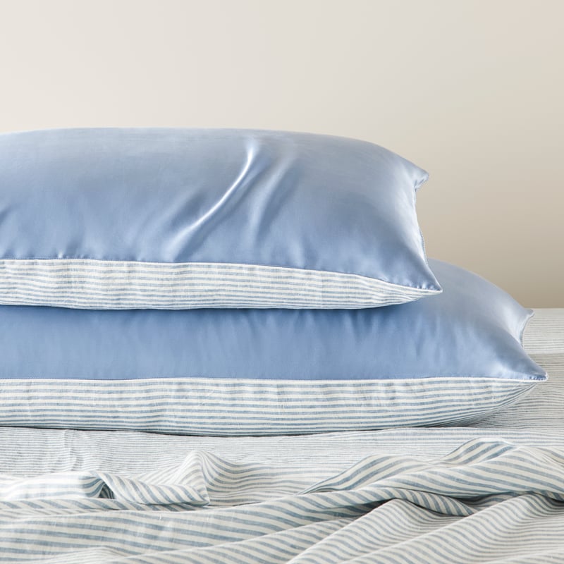 Vintage Washed Linen Silk Blue Stripe Pillowcase Pair