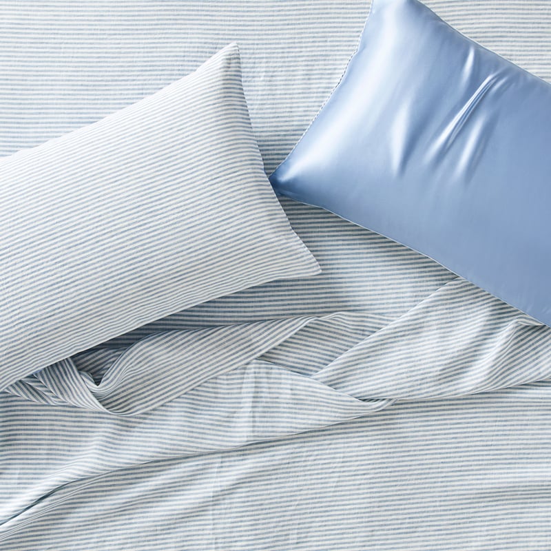 Vintage Washed Linen Silk Blue Stripe Pillowcase Pair