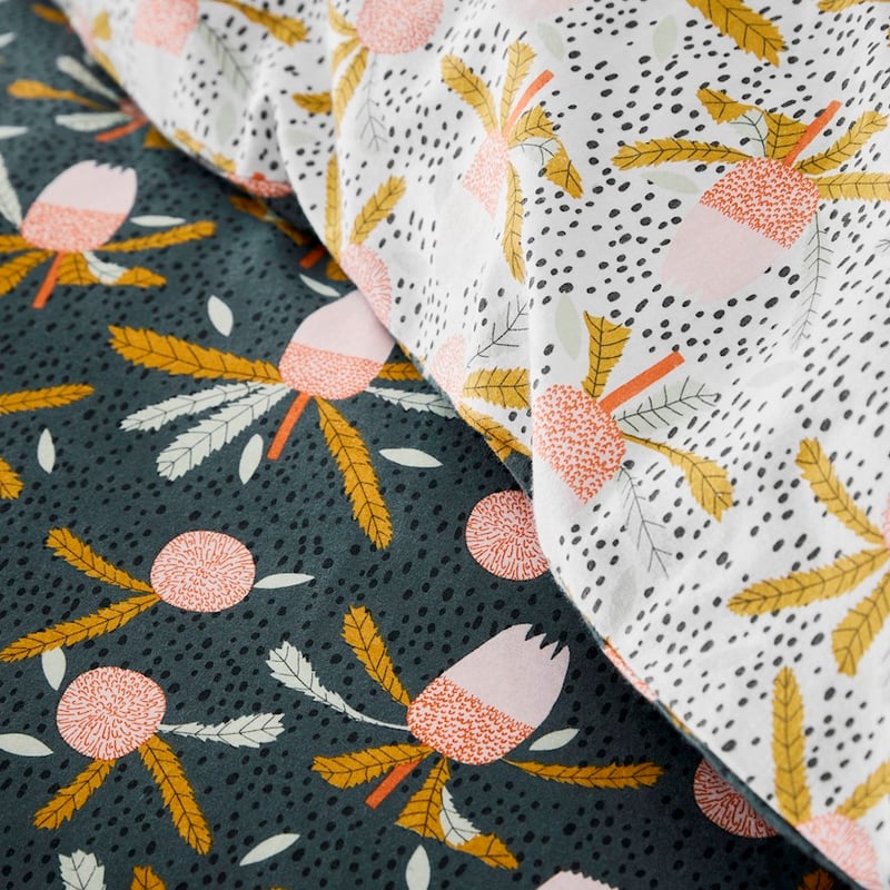 Printed White Banksia Flannelette Quilt Cover Set + Separates
