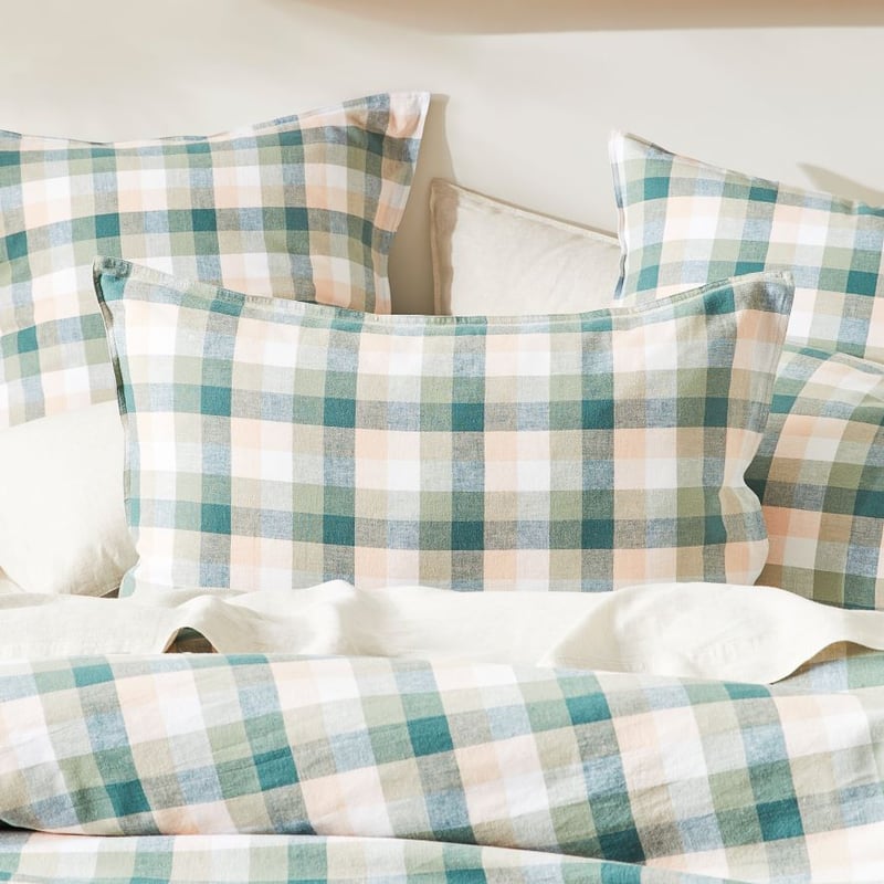 Vintage Washed Linen Cotton Greenery Check Quilt Cover Set + Separates