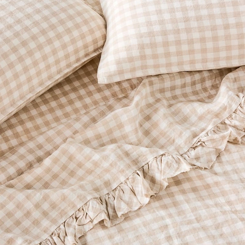 Vintage Washed Linen Ruffle Linen Check Flat Sheet