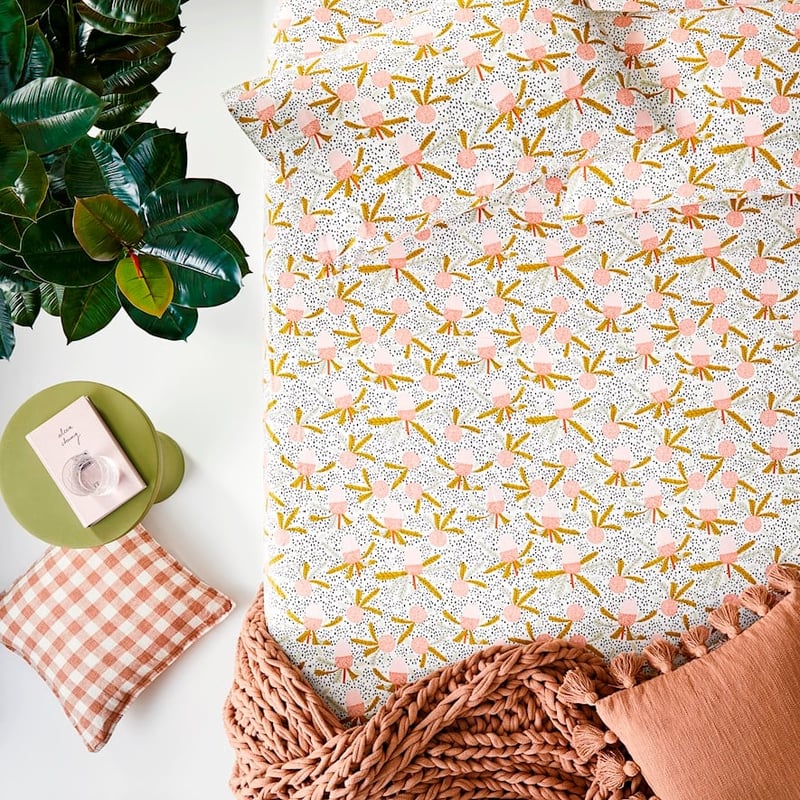 Printed White Banksia Flannelette Sheet Set