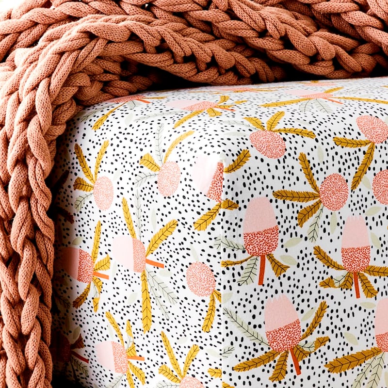 Printed White Banksia Flannelette Sheet Set