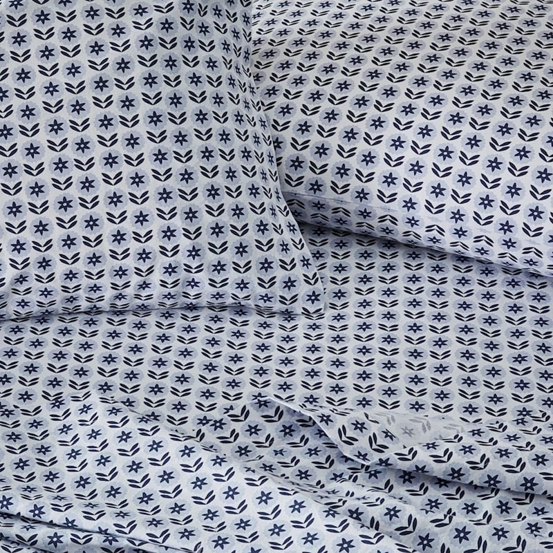 Stonewashed Cotton Sea Blue Floral Sheet Separates