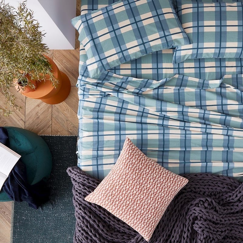Stonewashed Printed Cotton Ocean Check Sheet Set