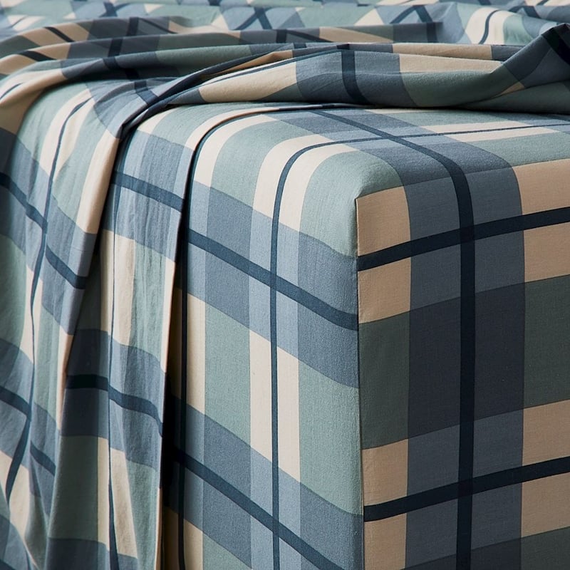 Stonewashed Printed Cotton Ocean Check Sheet Set