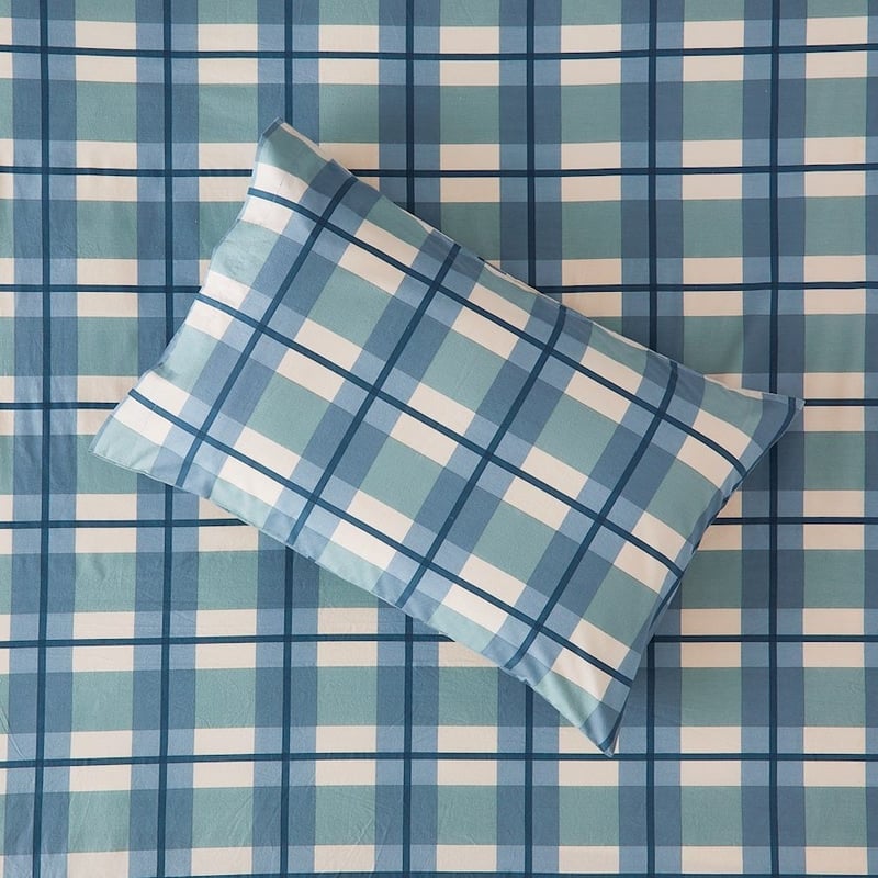 Stonewashed Printed Cotton Ocean Check Sheet Set