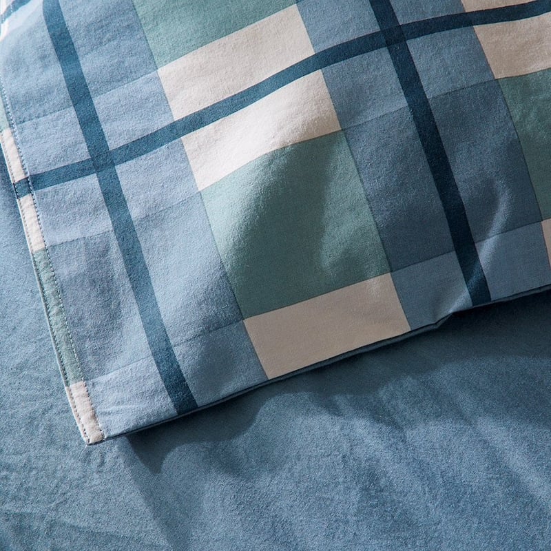 Stonewashed Printed Cotton Ocean Check Sheet Set