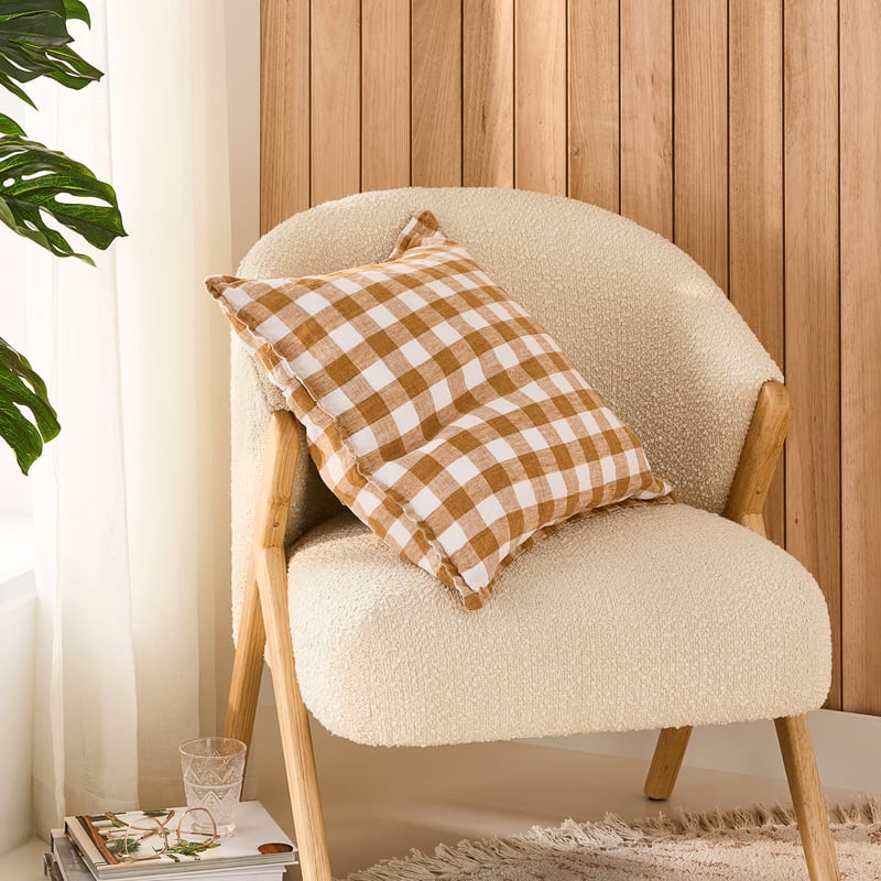 Belgian Tobacco & White Check Vintage Washed Linen Cushion