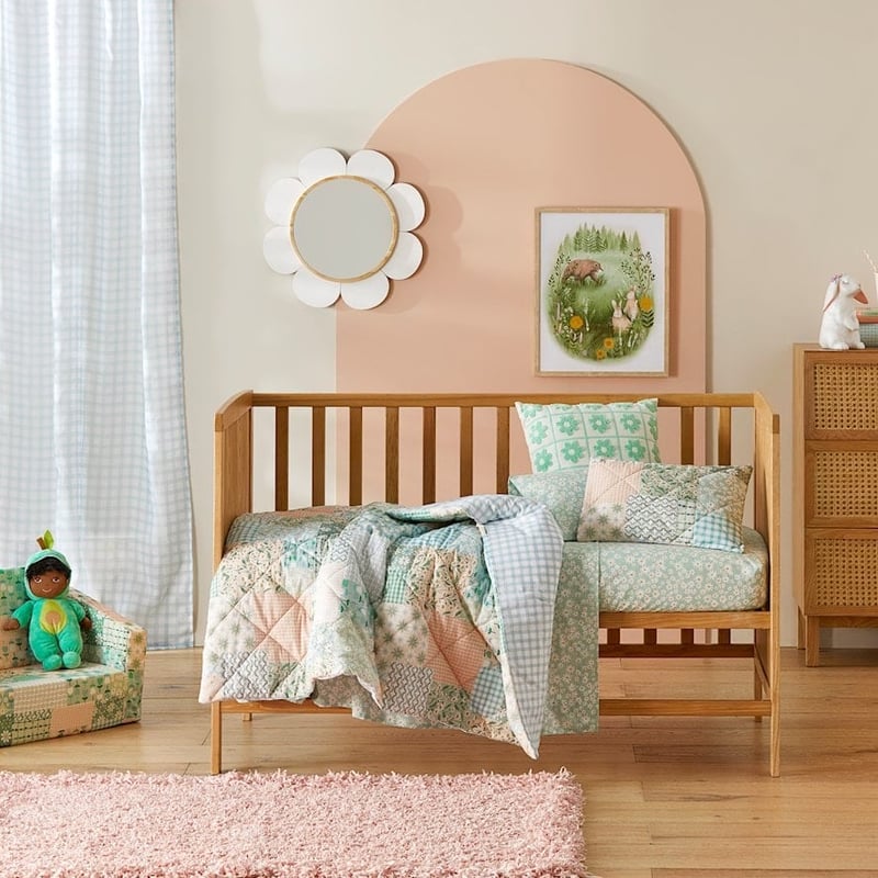 Wildflower Patchwork Spring Green Quilted Cot Quilt Cover Set