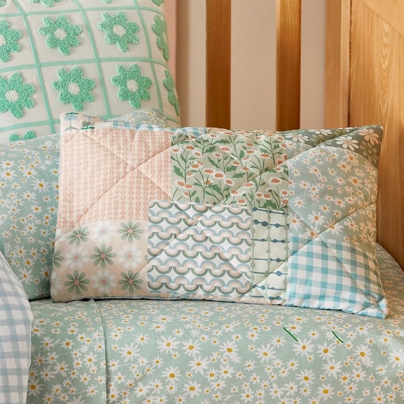 Wildflower Patchwork Spring Green Quilted Cot Quilt Cover Set