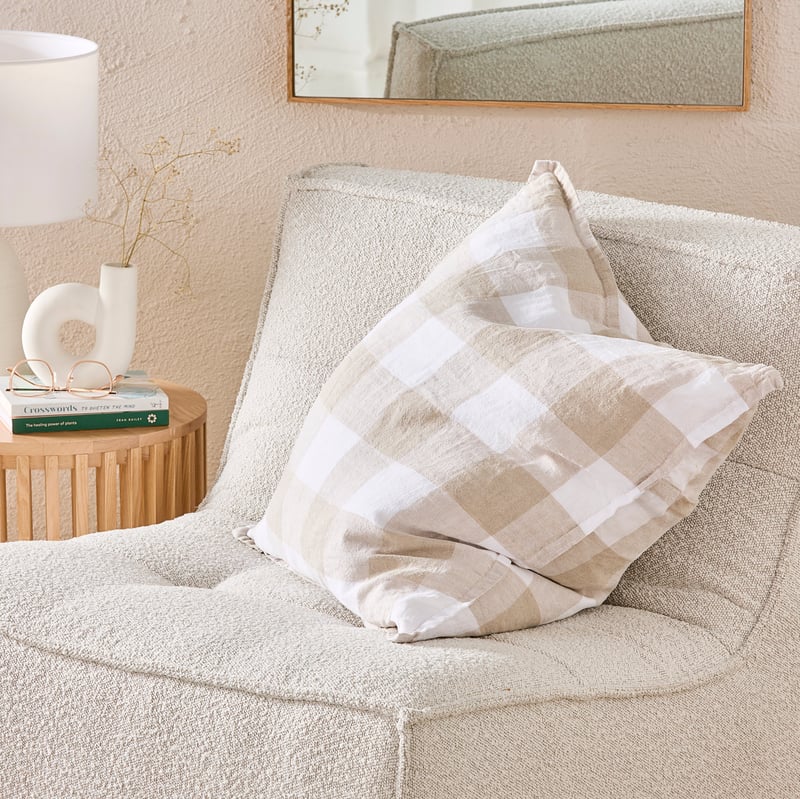 Belgian White & Linen Large Check Vintage Washed Linen Cushion