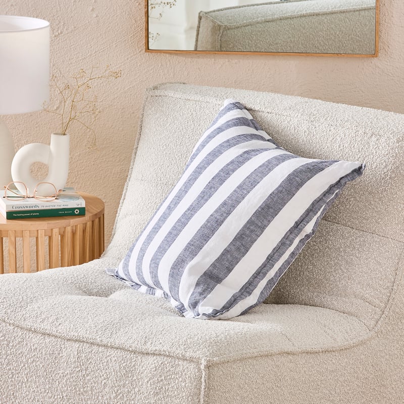 Belgian Navy & White Stripe Vintage Washed Linen Cushion