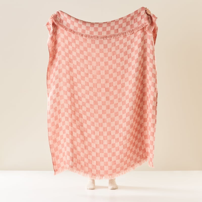Elora Dusty Rose & Nude Pink Check Linen Throw