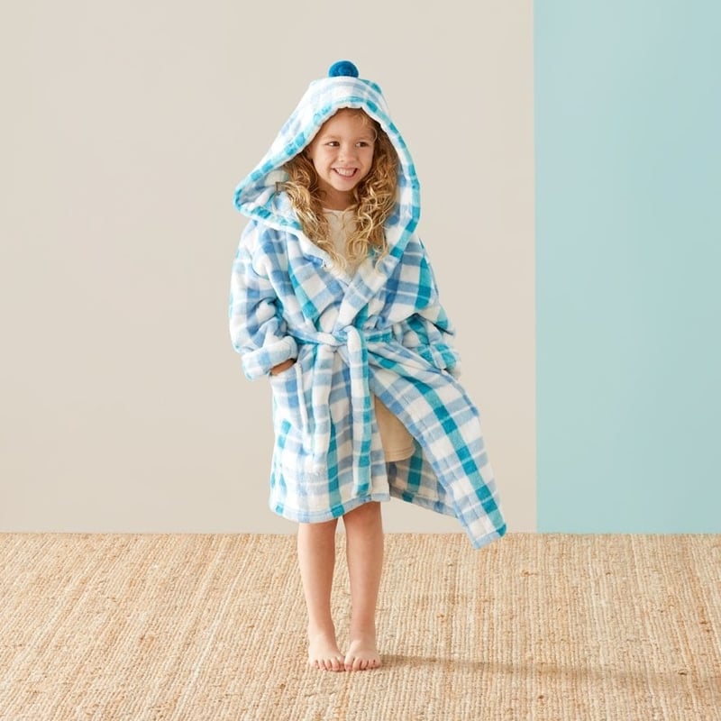 Ultra Soft Blue Ocean Gingham Kids Bath Robe