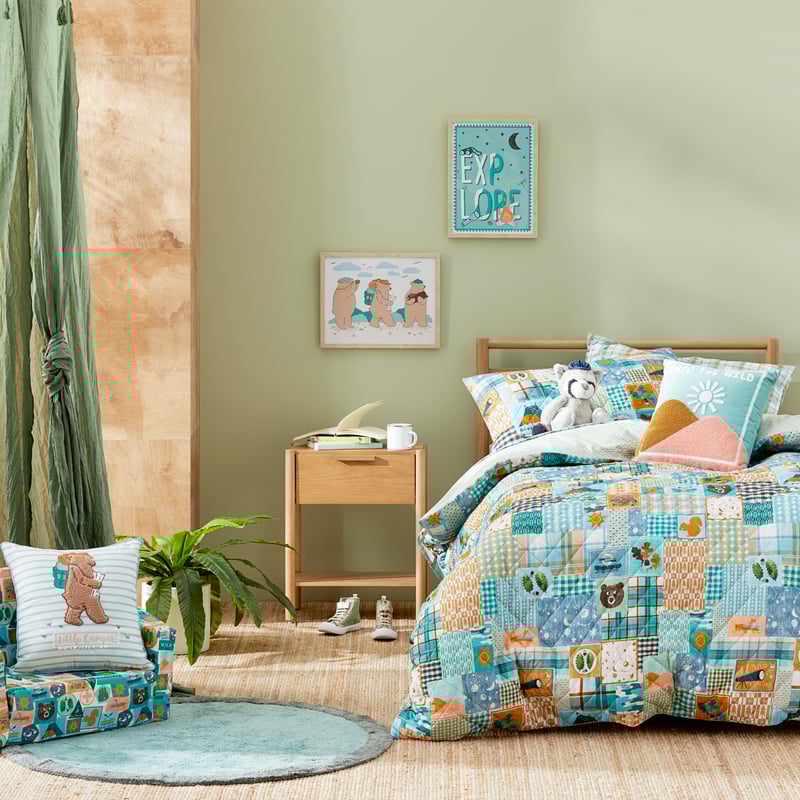 Adventure Awaits Patchwork Blue Green Quilted Quilt Cover Set