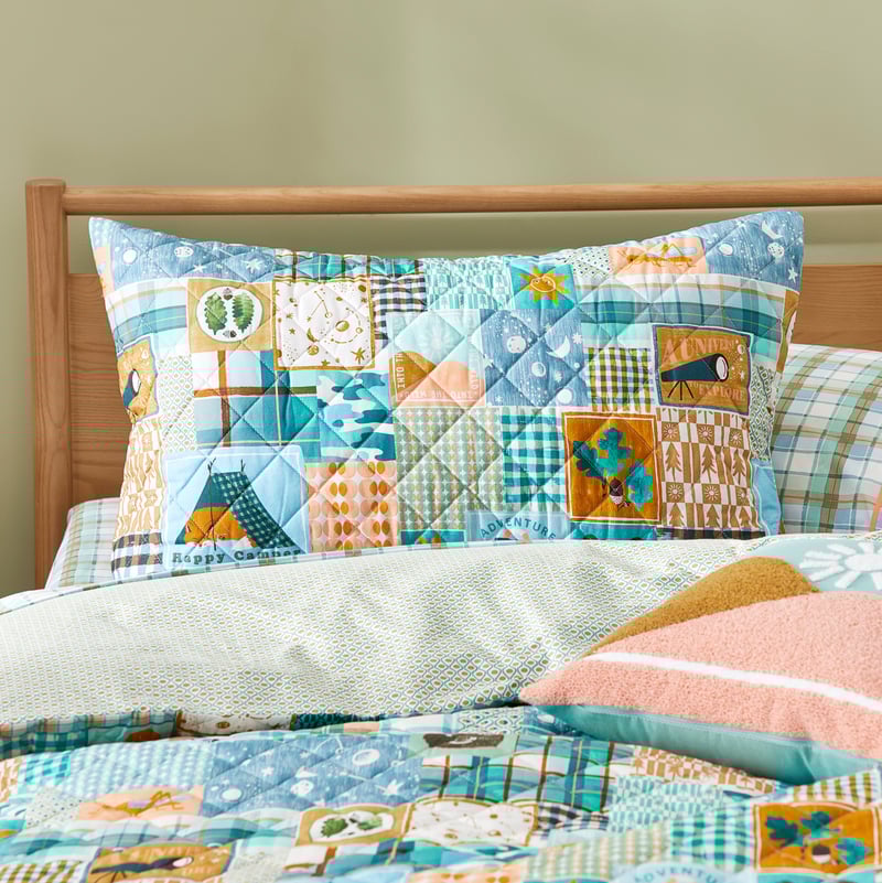 Adventure Awaits Patchwork Blue Green Quilted Quilt Cover Set